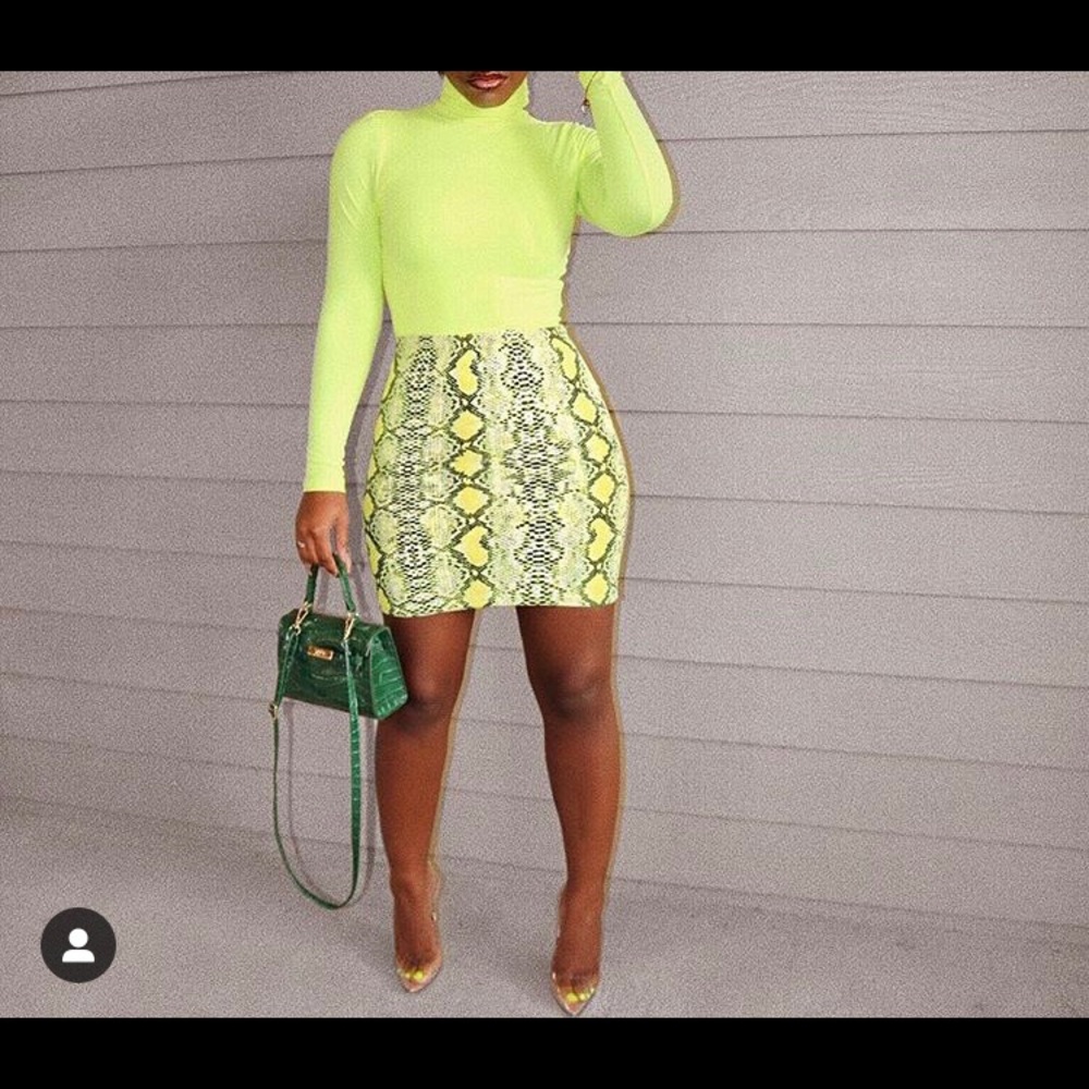 Neon Snakesskin Skirt and turtle neck shirt set